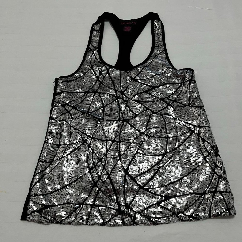 Material Girl Black and Silver Sheer Glitter Top Tee T-shirt size XS